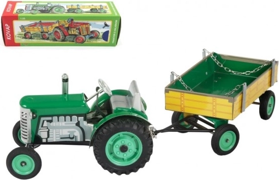 Zelený traktor Zetor s valníkom a pružinovým strojčekom Kovap