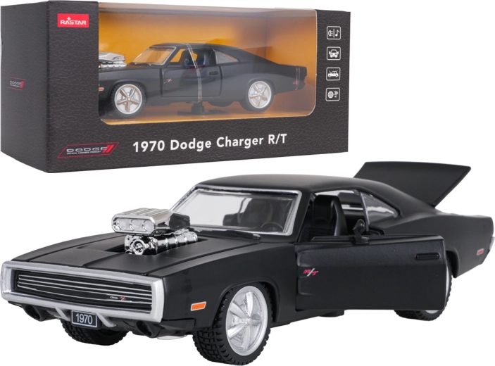 Kovový model auta 1970 Dodge Charger R/T čierny v mierke 1:36 RASTAR