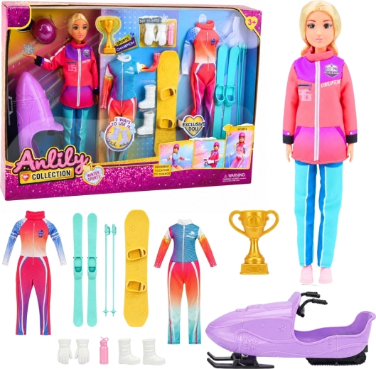 Športová bábika Anlily Collection so zimnou výbavou (lyže, snowboard a snežný skúter) 30 cm