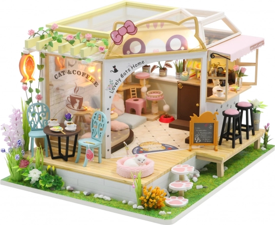 Miniatúrny domček Mačacia kaviareň so záhradkou – DIY stavebnica s LED