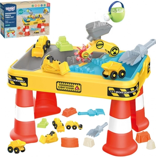 woopie stolový vodný a pieskový stôl 2v1 stavebný set s 12 dielmi a 4 autíčkami