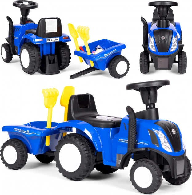 Odrážadlo traktor s vozíkom pre deti, interaktívny volant a zvuky NEW HOLLAND – Modrá