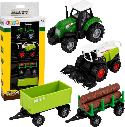 Sada poľnohospodárskych vozidiel 1:68 – traktor, rezačka, príves a príves na drevo (4 ks)