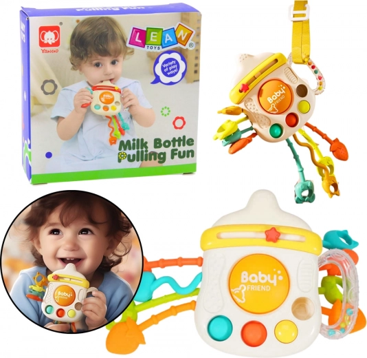 Senzorická hračka hrkálka a hryzátko v tvare fľaštičky 3v1