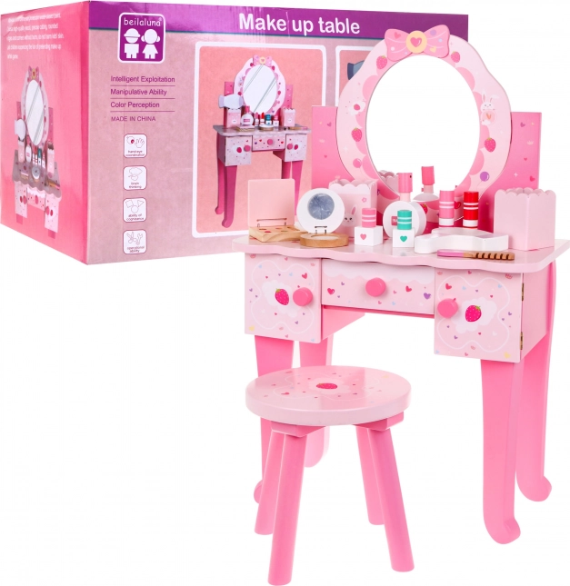 Drevená toaletka s taburetom pre dievčatká Domáci salón krásy Make-up + Príslušenstvo