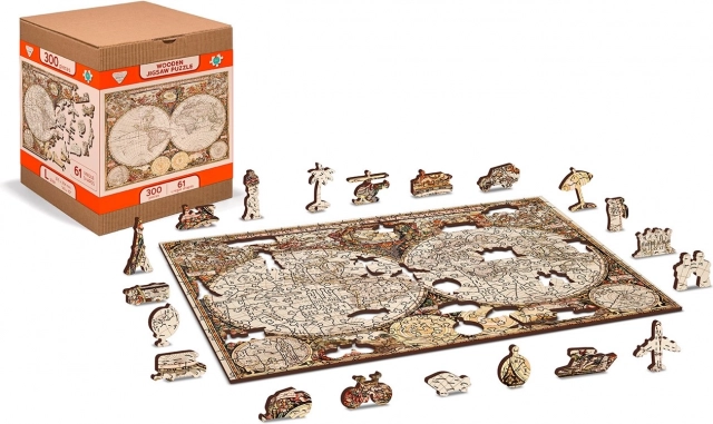 Drevené obojstranné puzzle ANTICKÁ MAPA SVETA 2v1, 75 dielikov