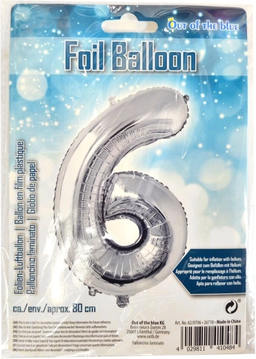 Fóliový balónik číslo 6 strieborný 80 cm