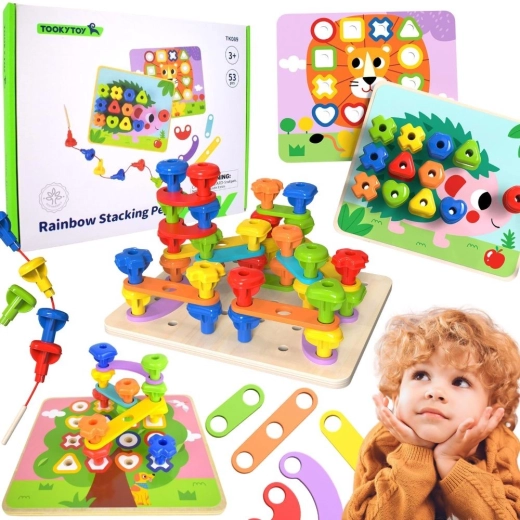 TOOKY TOY Montessori multifunkčná motorická doska s farebnými skrutkami
