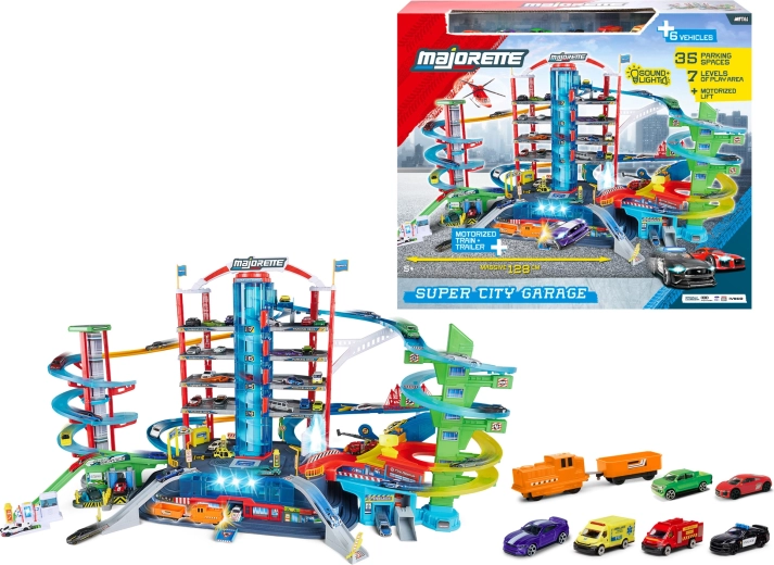 Majorette Super City Garage sedemposchodová garáž so 6 autíčkami a vláčikom