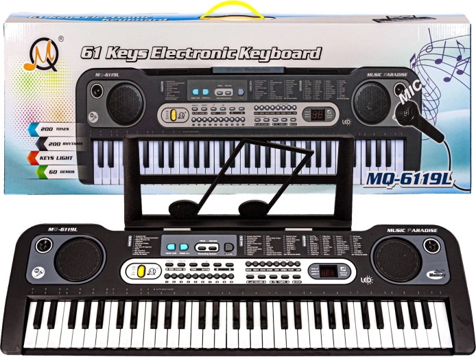 Detský elektronický keyboard s podsvietenými klávesmi, mikrofónom a stojanom na noty