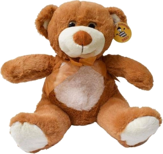 Plyšový macko so svetlým bruškom a hnedou tylovou mašľou