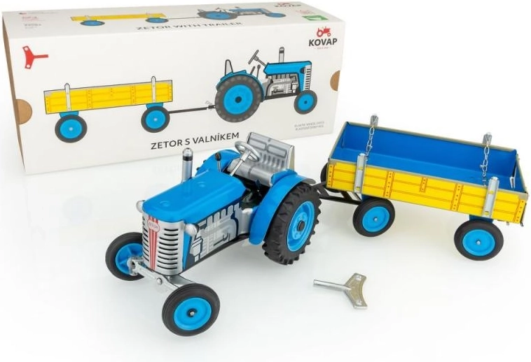 Plechový traktor Zetor s valníkom na kľúčik, červený/modrý/zelený