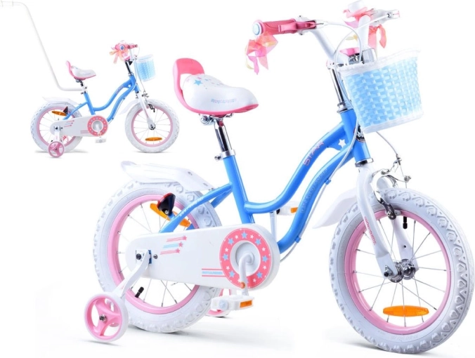 Detský bicykel RoyalBaby Star Girl 14 palcov s košíkom a bočnými kolieskami – Modrá
