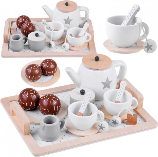 Drevený čajový set s hviezdičkami, béžovo‑biely, na tácke