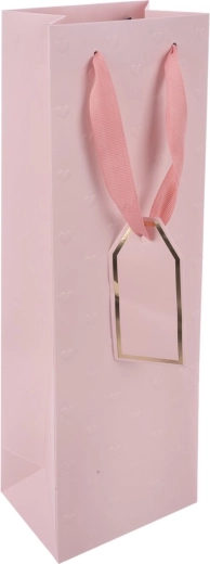 Darčeková papierová taška na víno ružová s reliéfom srdiečok