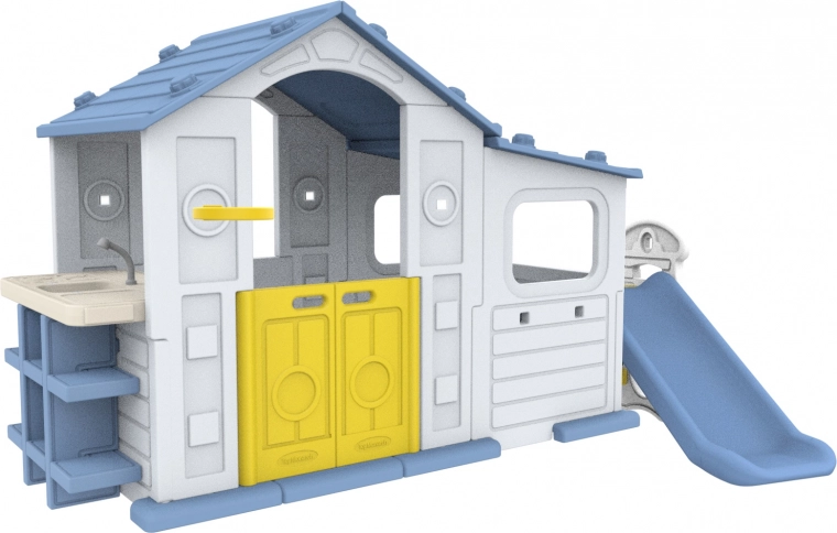 Veľký domček s predsieňou, šmýkačkou a drezom – modrá strecha