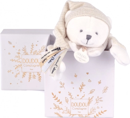 Doudou darčeková sada – plyšový maznáčik medvedík s čiapočkou, béžový 25 cm
