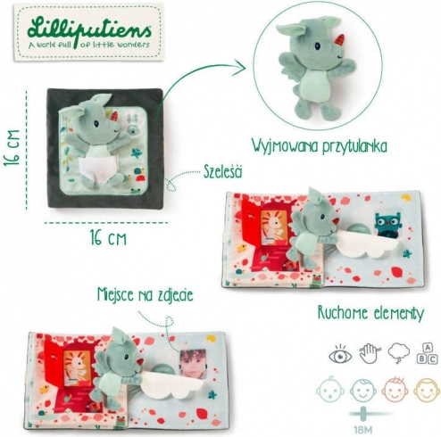 Textilná knižka s mini maznáčikom ťuk, ťuk – dráčik JOE od LILLIPUTIENS, 18 m+