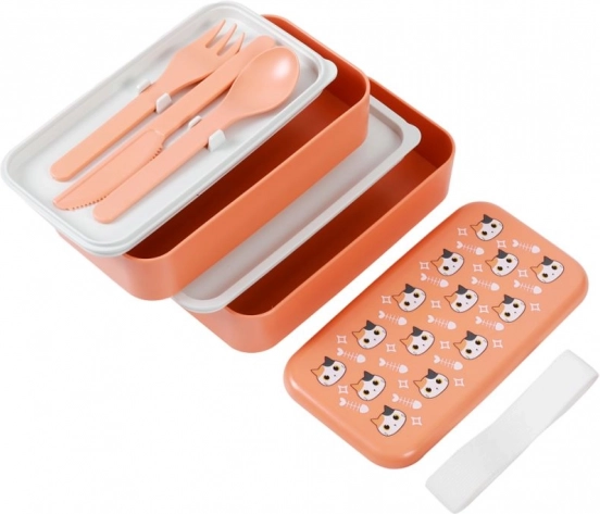 oranžový lunch box s mačičkou s lyžicou a vidličkou