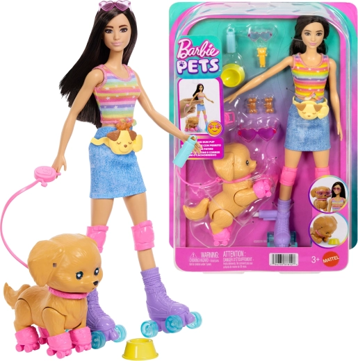 Barbie Pets – bábika na kolieskových korčuliach so šteniatkom a doplnkami