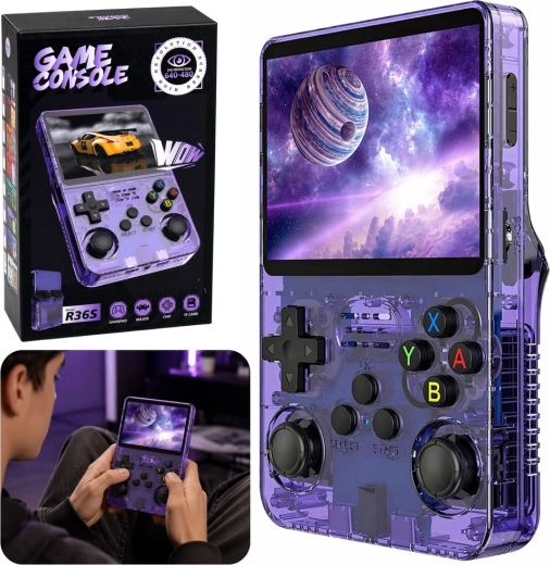 Prenosná retro herná konzola R36S s IPS displejom 3,5" fialová