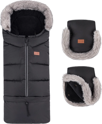 Petite&Mars zimná súprava: fusak Arctic 4v1 + rukavice na kočík Furry forever black