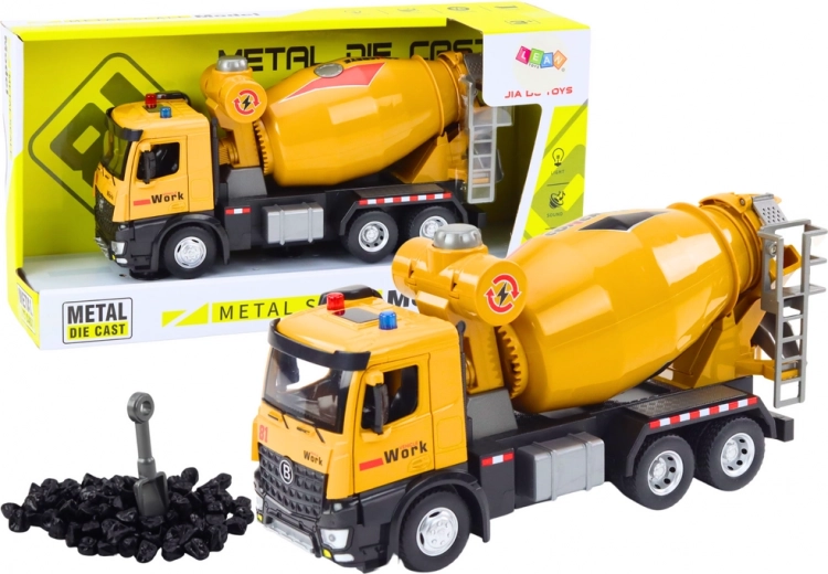 žltý miešač betónu s trecím pohonom, svetlami a zvukmi