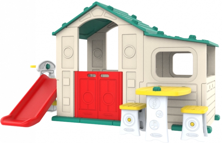 Veľký detský domček s predsieňou, šmykľavkou a zelenou strechou