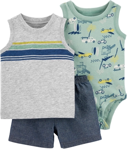 CARTER'S 3-dielny set: body bez rukávov, tielko a šortky grey cars pre chlapcov – 3m