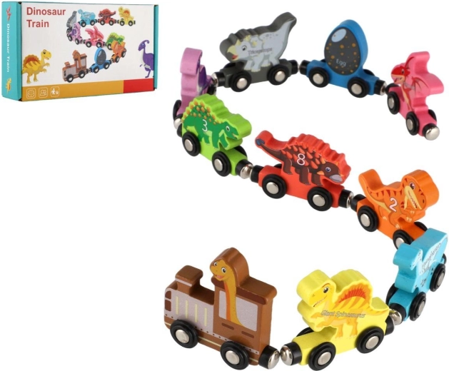 Drevený vláčik s dinosaurami na magnety, 10 ks