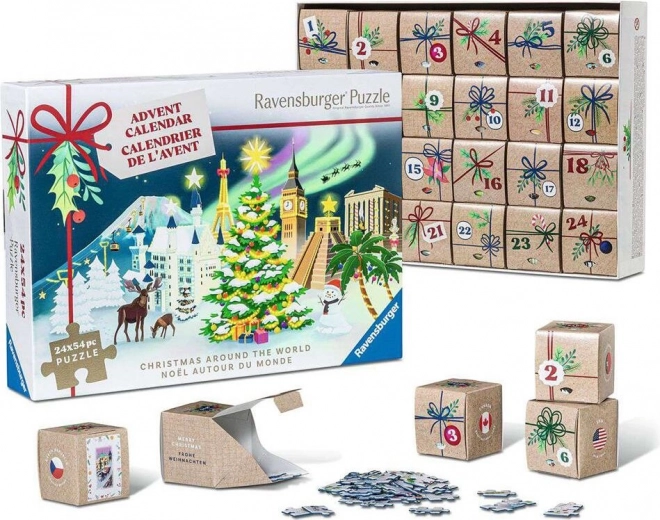 Adventný kalendár puzzle RAVENSBURGER – Vianoce po celom svete, 24×54 dielikov