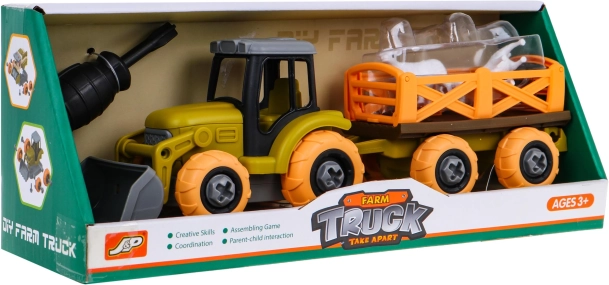 Skladací traktor s lyžicou a prívesom + skrutkovač + ovečky hračka pre deti 3+