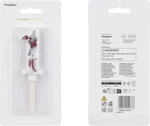 Biela narodeninová sviečka s číslom 1 a mramorovým vzorom, 8 cm