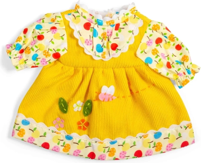 Bigjigs Toys žlté šaty s jabĺčkami a kytičkami pre bábiku 28 cm