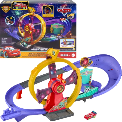 Mattel Disney Pixar Autá – pretekárska dráha Oslavy v cieli so svietiacim Bleskom McQueenom