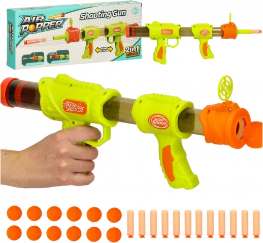 Zelený 2v1 detský blaster na penové guličky a šípky