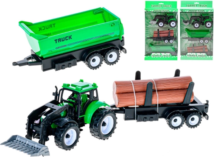 Zelený traktor s predným nakladačom a 2 vymeniteľnými vlečkami na zotrvačník