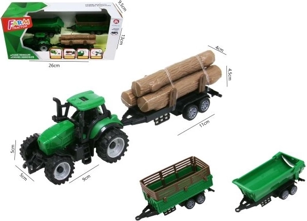 Zelený traktor s 3 prívesmi 18 cm