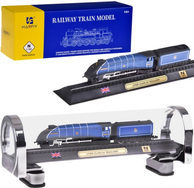 zberateľský model lokomotívy LNER Class A4 Mallard 1:160 v prezentačnej vitríne