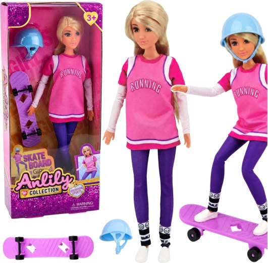 Anlily skateboardistka – bábika s fialovým skateboardom a prilbou 30 cm