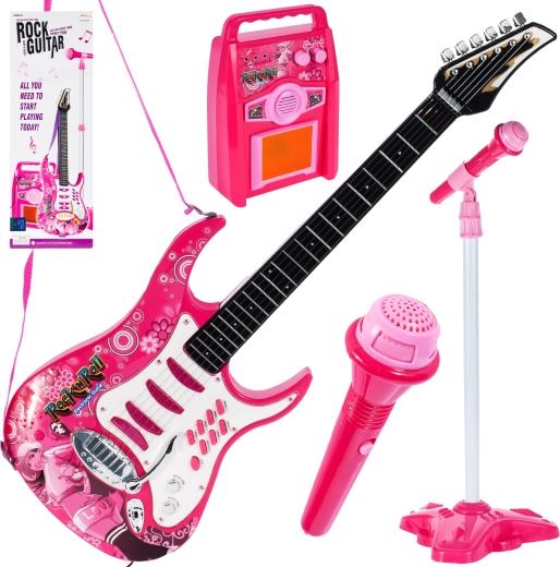 Ružová gitara so zosilňovačom a mikrofónom