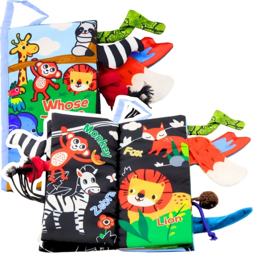 Mäkká vzdelávacia šuštiaca knižka Zvieratká Ocas pre dojčatá modrá