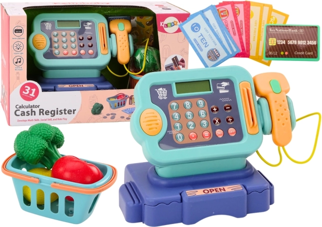 Detská pokladňa modrá s mincami a košíkom