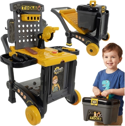 Detská 3v1 pracovná dielňa s vozíkom a kufríkom, 59 dielov