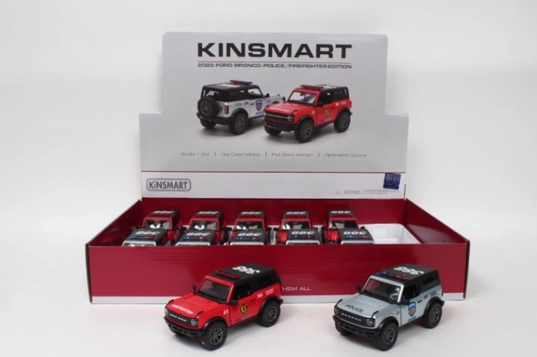 Ford Bronco policajné alebo hasičské auto 1:34 s otváracími dverami a pohonom pull-back
