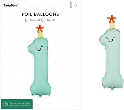 Fóliový balónik číslo 1 mätový s tváričkou 86 cm