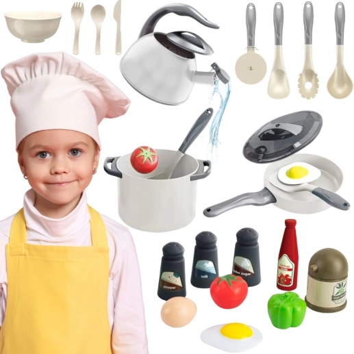 Woopie kuchynský set pre malých kuchárov, hrnce, panvica a čajník, biely, 32 dielov