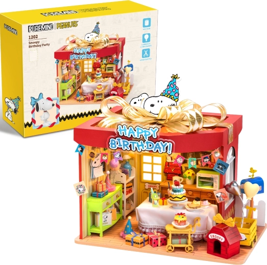 Puremind drevený 3D puzzle model Peanuts Birthday Party SNOOPY s LED