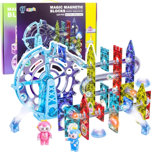 Magnetický guľôčkový dráhový set z magnetických kociek, svietiaci, 120 dielov
