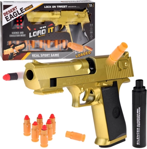 Hračkársky zlatý Desert Eagle s tlmičom